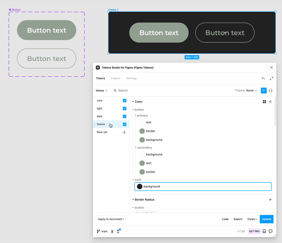 Tokens Studio for Figma plugin being used to apply dark mode to buttons