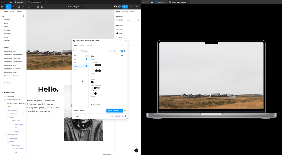 Tokens Studio for Figma plugin being used to apply dark mode to FrankCongson.com
