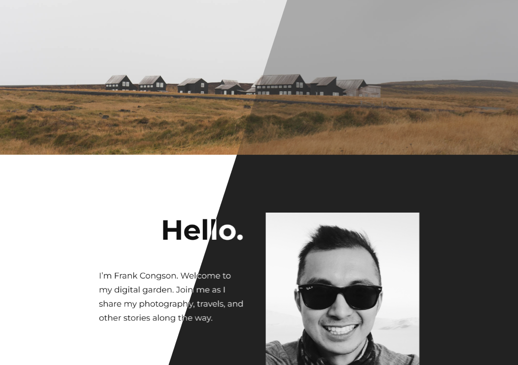 FrankCongson.com shown in light mode (left) transitioning to dark mode (right)