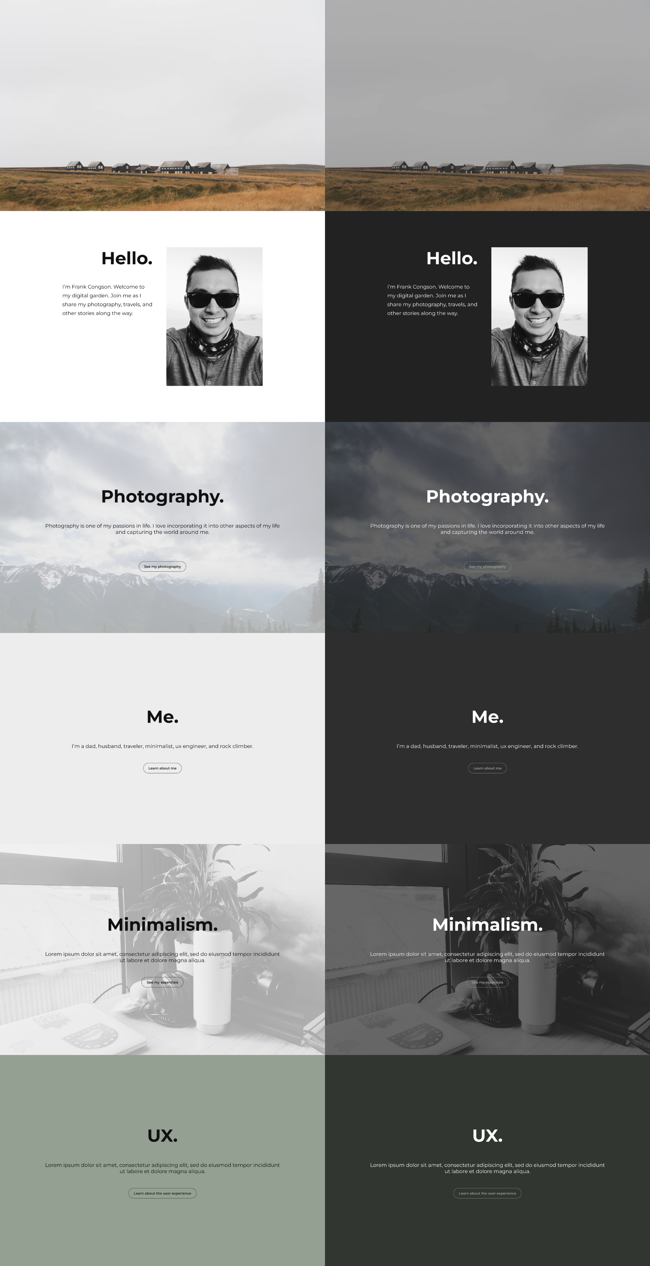 FrankCongson.com in light mode (left) and dark mode (right)