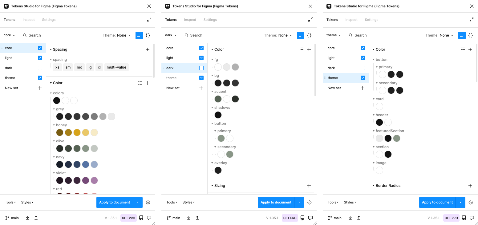 Tokens studio for Figma plugin showing a core token set (left), dark token set (middle), theme token set (right)