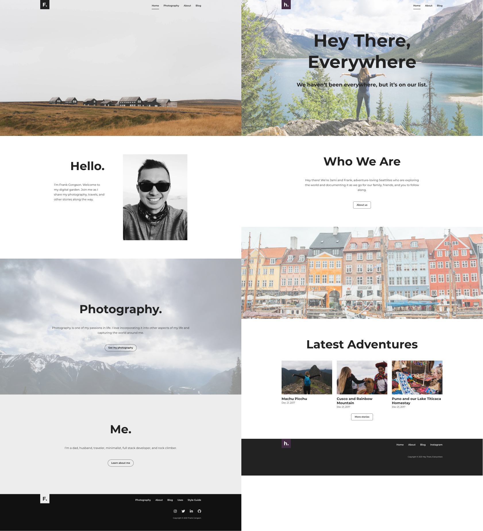 Home page comparisons of FrankCongson.com (left) and HeyThereEverywhere.com (right)