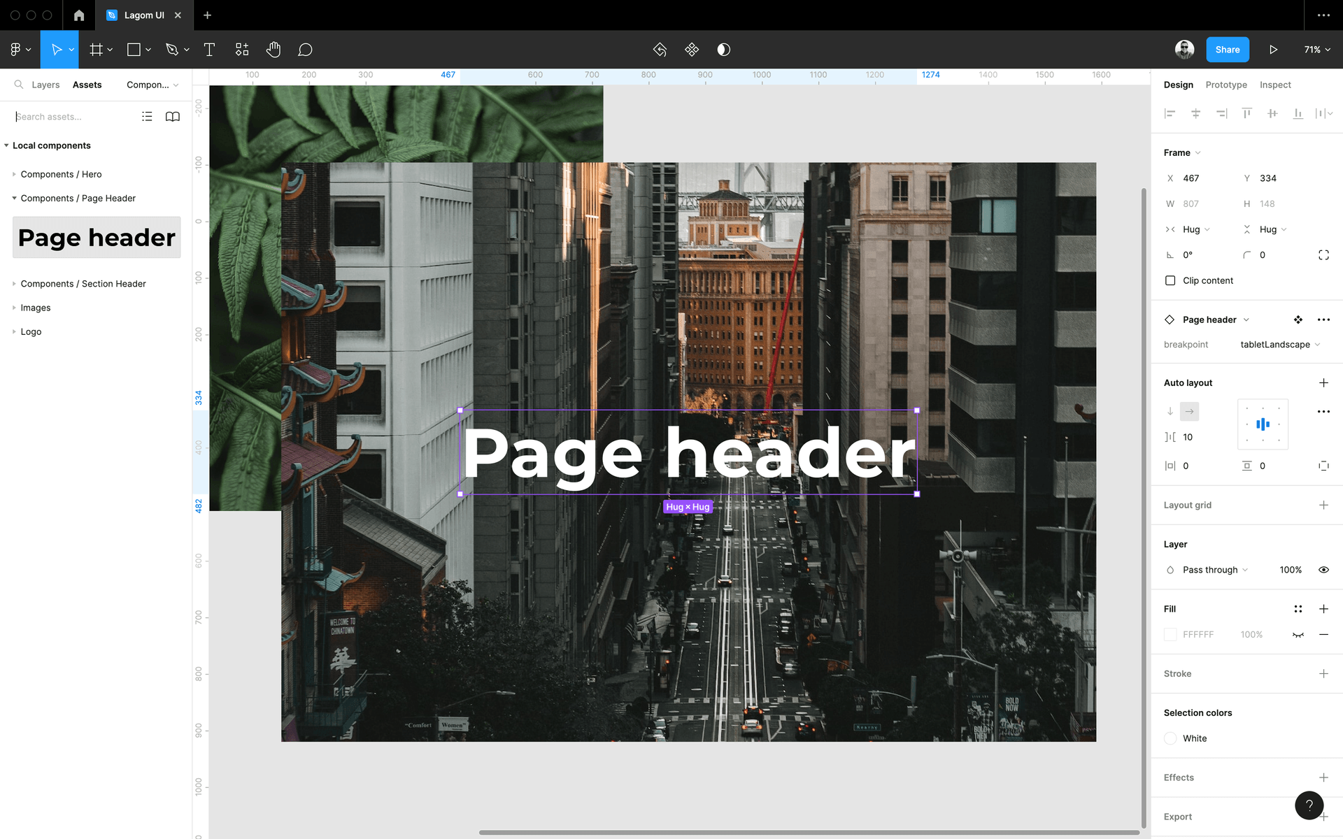A Page Header component placed on top of a Hero component in Figma