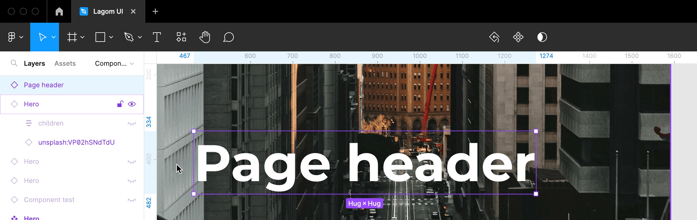 A screen recording of a Page Header component being dragged into a Hero component in Figma