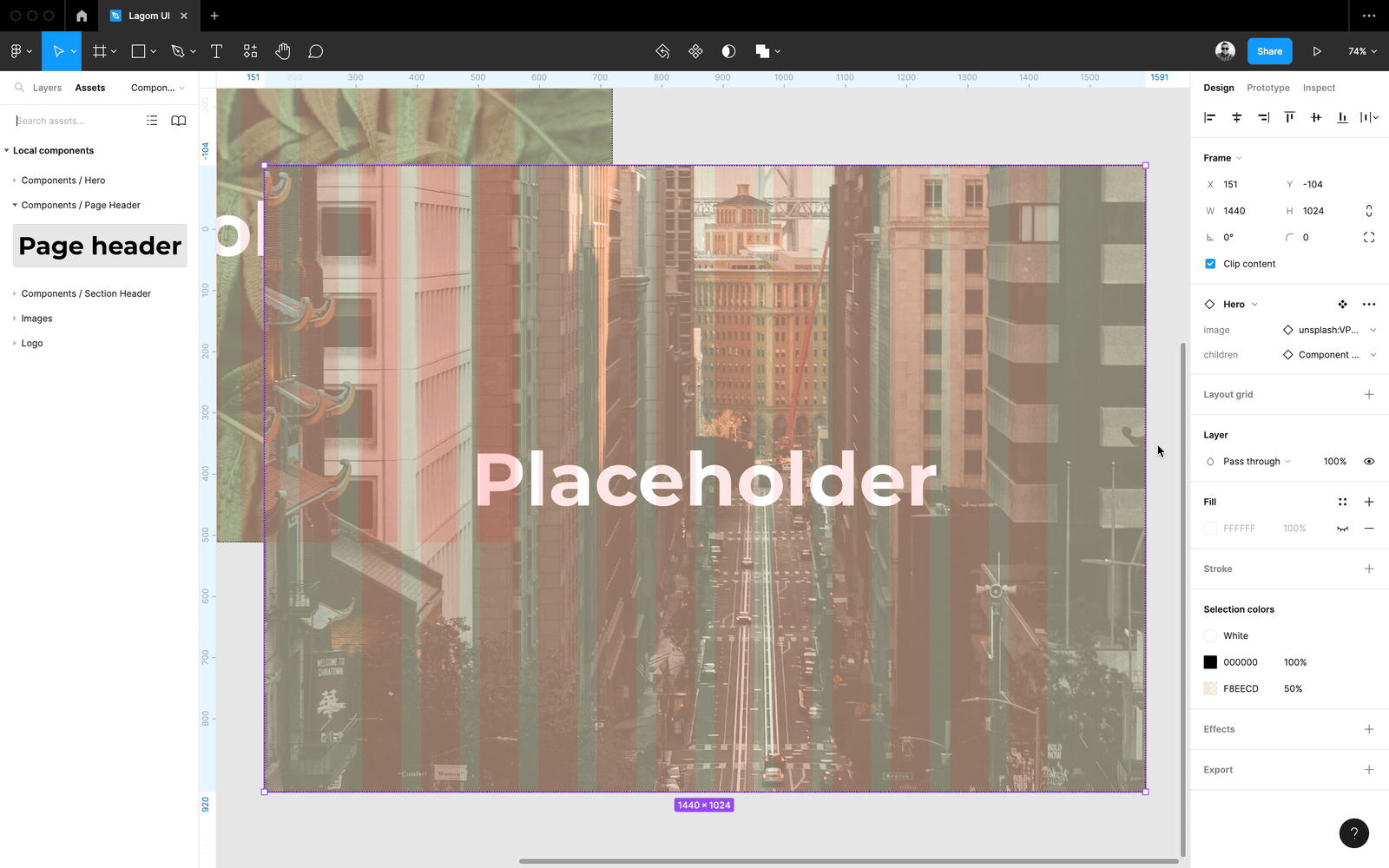 A screen recording of a Page Header component being set as a child a Hero component in Figma via component slots