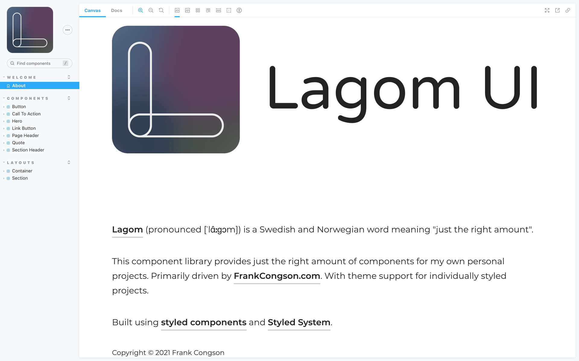 Lagom UI component library shown in Storybook
